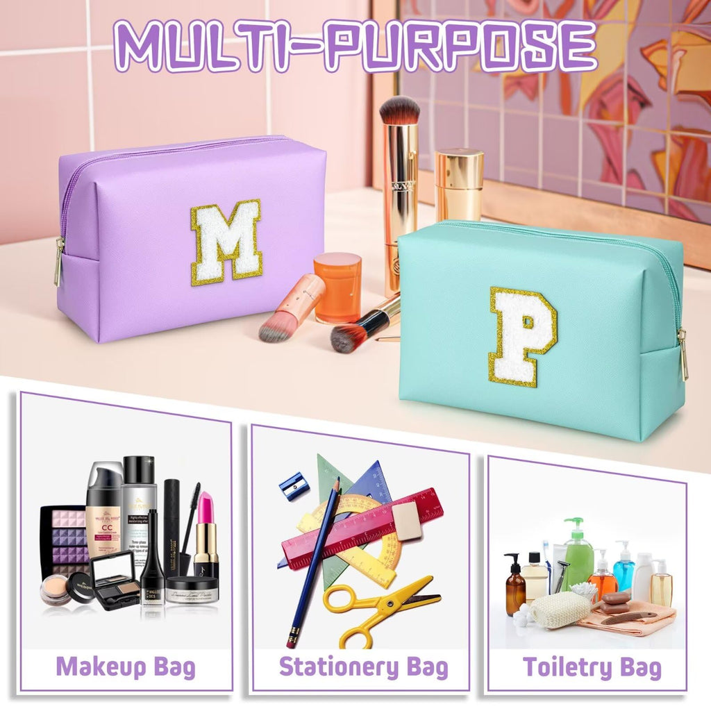 TOPEAST Preppy Small Makeup Bag, Chenille Letter Pouch Cosmetic Bag With Zipper, PU Leather Waterproof Toiletry Bag, Personalized Birthday Gift for Women, Cute Stuff for Girls (Purple D)