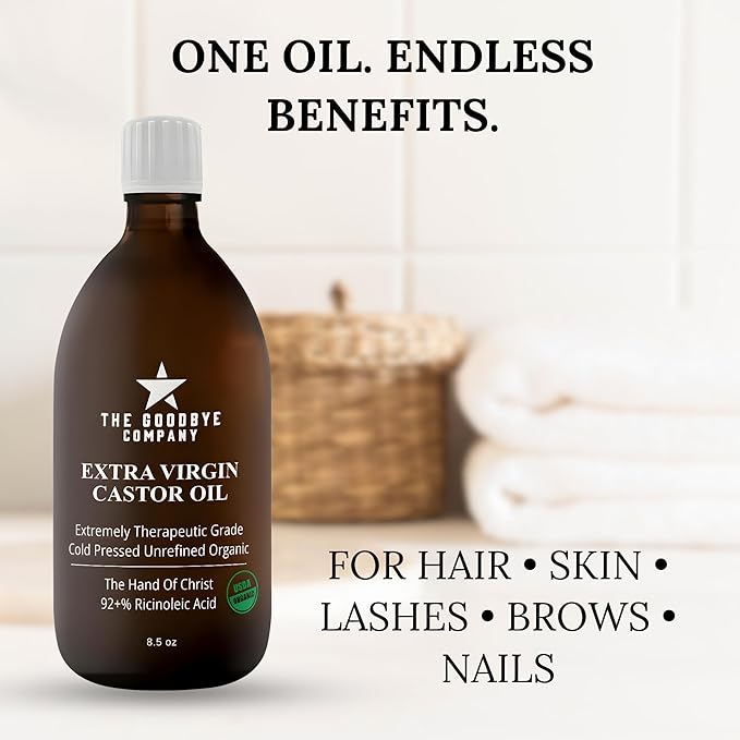 Goodbye Company USDA Organic Cold-Pressed Castor Oil, 8.5 oz Glass Bottle, Hexane-Free, Extra Virgin, Ethically Sourced, Pure Castor Oil for Hair, Skin, Lashes & Brows