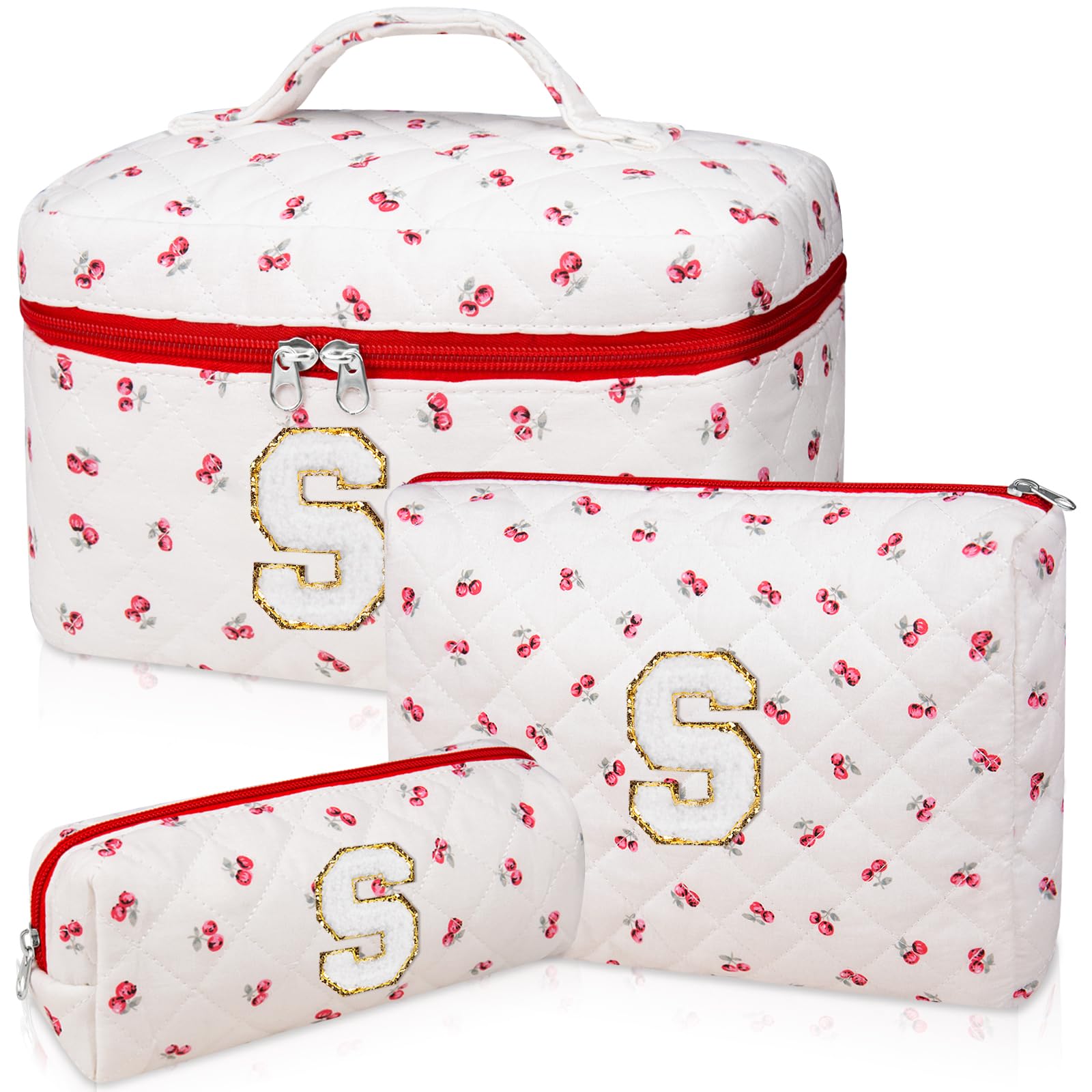 Initial Makeup Bag Set, Personalized Quilted Makeup Bag, Large Floral Cosmetic Bag for Women, Cute Cotton Custom Make up Bags, Flower Travel Toiletry Bag Teen Girl Gift Trendy Stuff Gift Red Cherry S