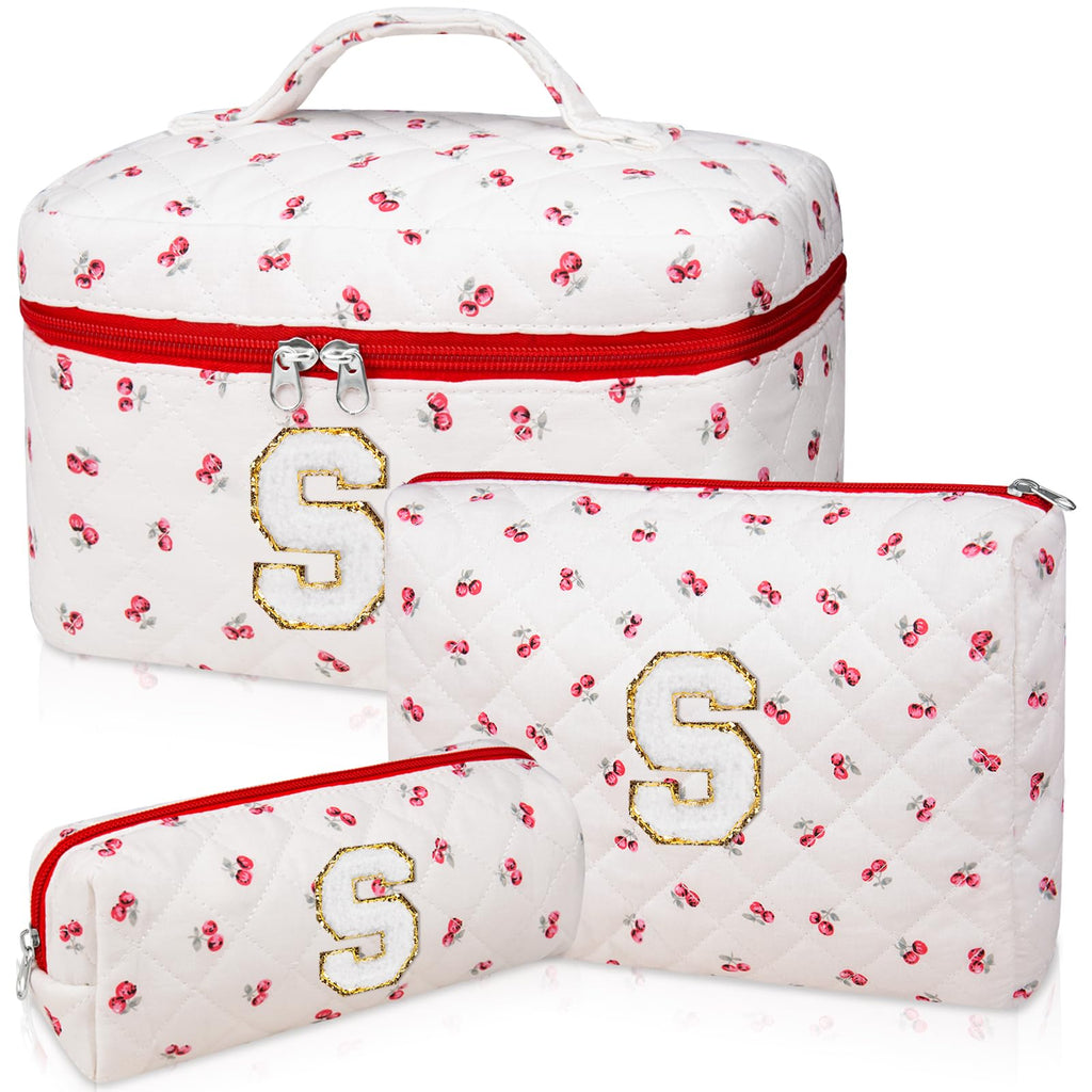 Initial Makeup Bag Set, Personalized Quilted Makeup Bag, Large Floral Cosmetic Bag for Women, Cute Cotton Custom Make up Bags, Flower Travel Toiletry Bag Teen Girl Gift Trendy Stuff Gift Red Cherry S