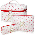 Initial Makeup Bag Set, Personalized Quilted Makeup Bag, Large Floral Cosmetic Bag for Women, Cute Cotton Custom Make up Bags, Flower Travel Toiletry Bag Teen Girl Gift Trendy Stuff Gift Red Cherry S