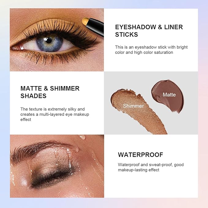 CHIFURE Eyeshadow Stick, Shimmer and Matte Cream Eye Shadow Brightener Sticks Eyeliner Pencil Crayon, Waterproof Long Lasting Eye Highlighter Stick Makeup,0.056 Oz(2PCS #1-Caramel+#9-Champagne)