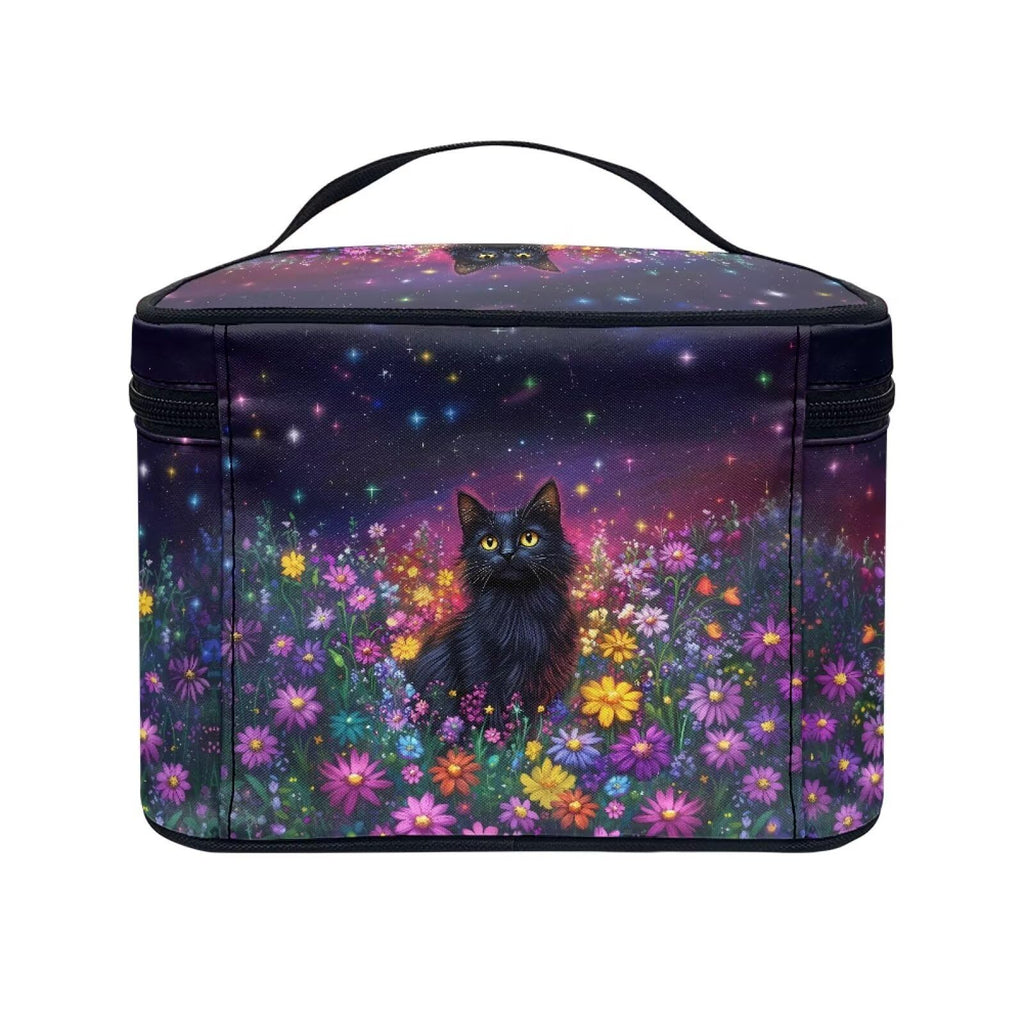 Drydeepin Black Cat Colorful Daisy Flower Print Travel Makeup Bags for Women Portable Tote Cosmetic Case with Carry Handle Toiletry Accessories Storage Organizer Bags