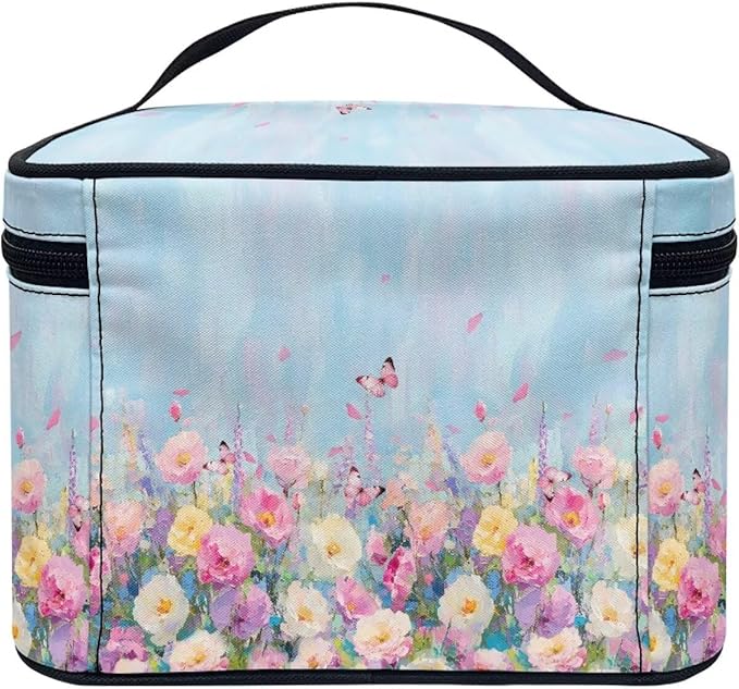 Drydeepin Butterfly Vibrant Rose Floral Print Travel Makeup Bags for Women Portable Tote Cosmetic Case with Carry Handle Toiletry Accessories Storage Organizer Bags