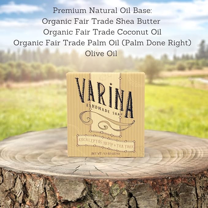 Varina Organic Eucalyptus Hemp & Tea Tree Bar Soap - Gentle Cleansing for Sensitive Skin, Herbal and Mint - 3 Pack