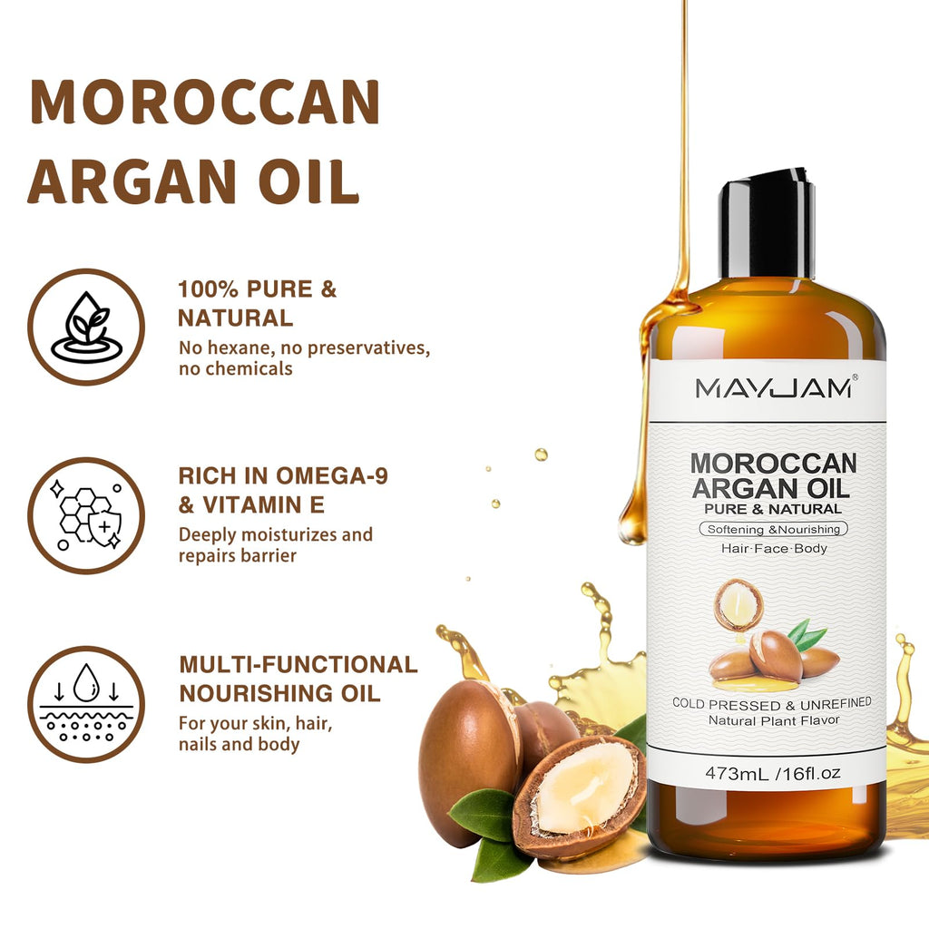 MAYJAM Moroccan Argan Oil 16 Oz, Moisturizing Body Skin Face Hair Scalp