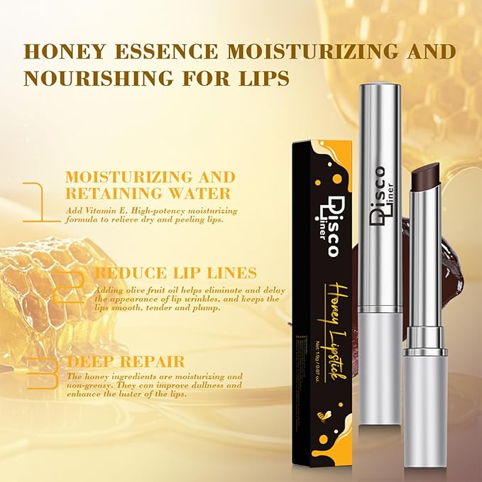 Discoliner Honey Lipstick Lip Tinted Lip Balm, Creamy Texture Nourishing Moisturizing Deep to Sheer Pigment Emollient, Enriched Lipstick Enhances Natural Color, Smooth Application Seamless Blend