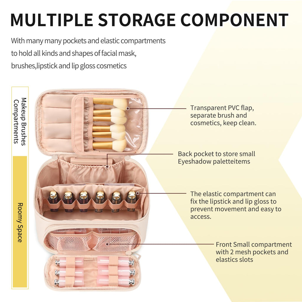 OCHEAL Makeup Bag, Multifunctional Large Cosmetic Organizer Toiletry Brushes Storage Case for Women Girls with Handle Divider - Beige