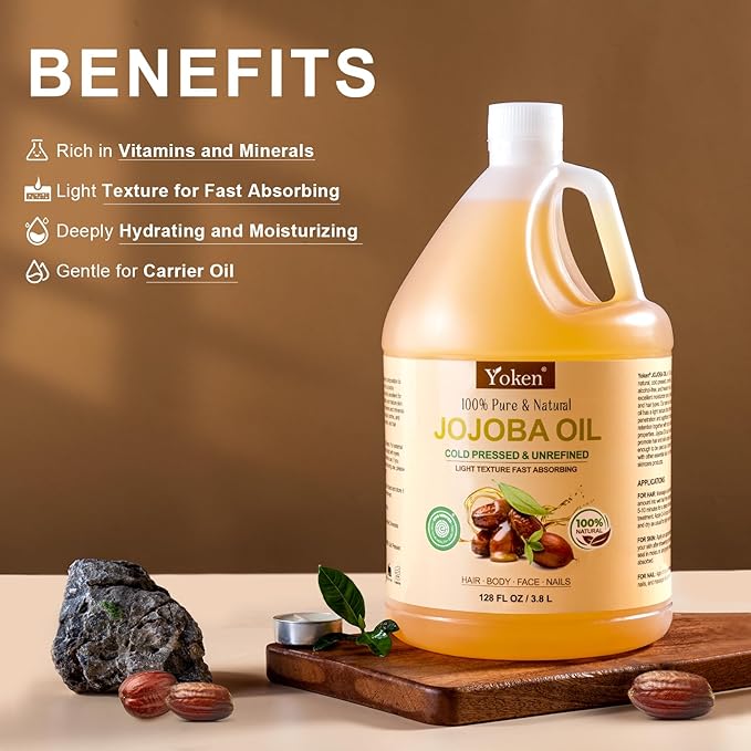 Yoken Bulk Jojoba Oil 128oz, USDA Organic Carrier Oil for DIY & Massage