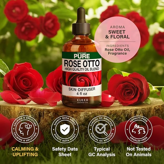100% Pure Rose Otto Oil - 4 Fl Oz Rose Otto Essential Oil for Hair, Skin, Diffuser, Aromatherapy & DIY Soap Making Scent