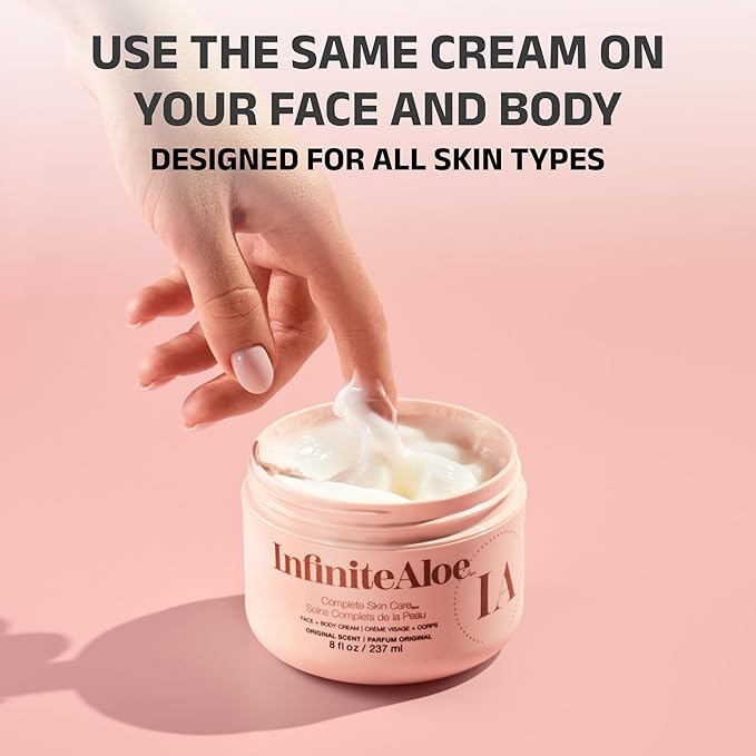 InfiniteAloe Complete Skin Care, Aloe Vera Powered Face and Body Cream for All Skin Types, Effective on Dry Skin, Original Scent - Airless Pump & 2 Travel Jar 0.5 oz