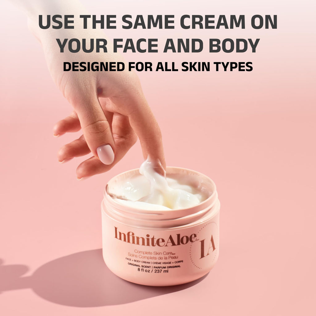 InfiniteAloe Complete Skin Care, Aloe Vera Powered Face and Body Cream for All Skin Types, Effective on Dry Skin, Original Scent - Airless Pump & 2 Travel Jar 0.5 oz