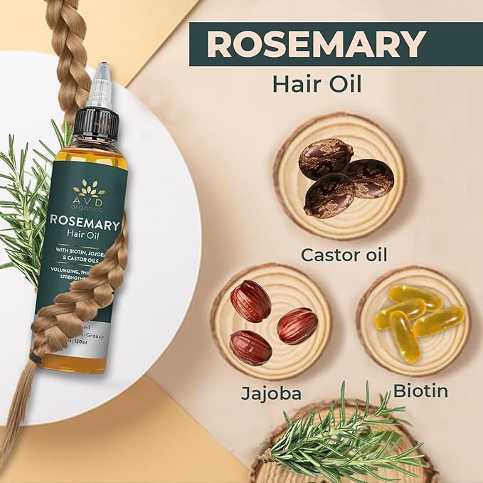 AVD ORGANICS Rosemary Oil for Hair Growth & scalp | Infused with Biotin | Hair Strengthening, Nourishing and Volumizing | infused with Jojoba & Castor Oil | NON - GMO 120ml