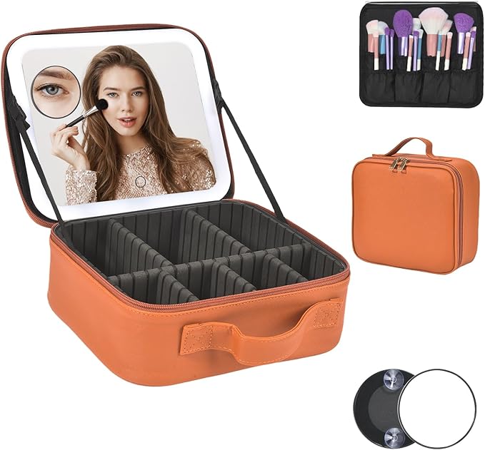 Yaliang Travel Makeup Bag with Mirror & 6 Adjustable EVA Dividers, Camel
