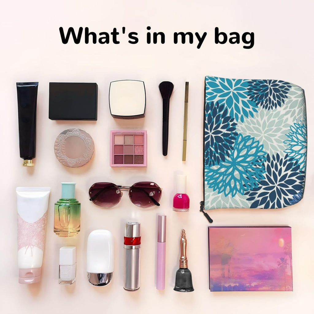 MOLAIGIN Medallion Dahlia Pinnata Floral Bobo Blue Pink Turquoise Grey Cosmetic Bag For Women, Travel Makeup Bag, Toiletry Zipper Bag, Large Capacity Aesthetic Cases