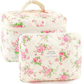 URSKYTOUS 2Pcs Cotton Quilted Makeup Bag for Women Extra Large Small Travel Cosmetic Bag Set Cute Pink Floral Print Makeup Pouch Portable Toiletry Bag Organizer Coquette Vintage Puffy Travel Essential