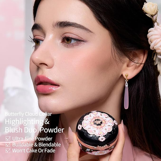 Flower Knows Butterfly Cloud Collar Rouge Box Blush & Contour Duo Powder,Brown+Nude Two Tone Matte Blush for Cheeks Bulidable & Blendable Palette,0.21 Oz(05 Pearwood)