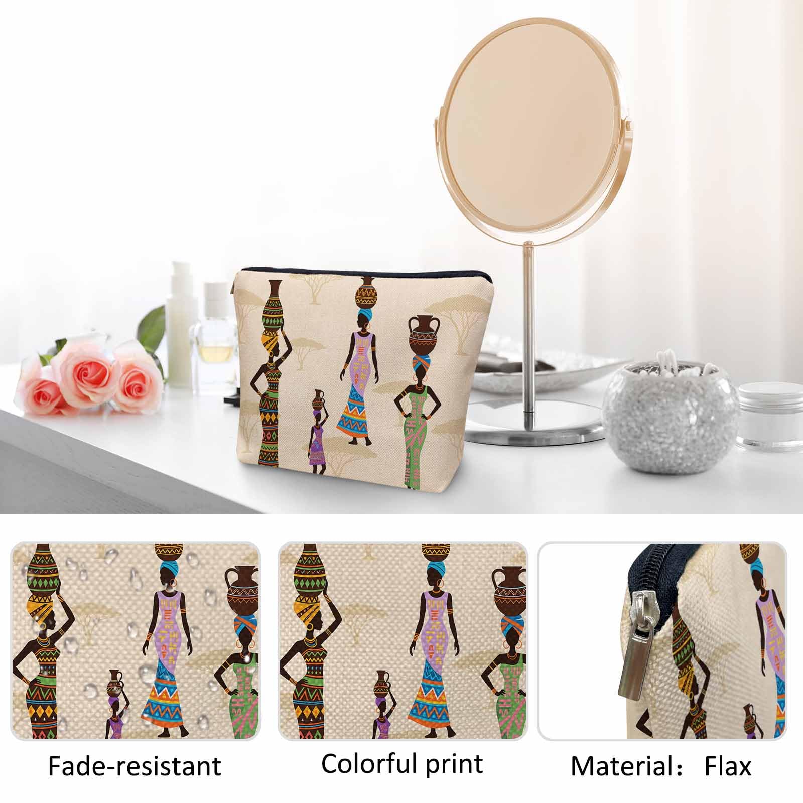 Kalygon African Woman Makeup Bags Makeup Organizer, Black African Women With Vases Flax Toiletry Bags Travel Cosmetic Bag Makeup Purse Pouch Skincare Bag Wallet Bags For Women Female Mom Daughter