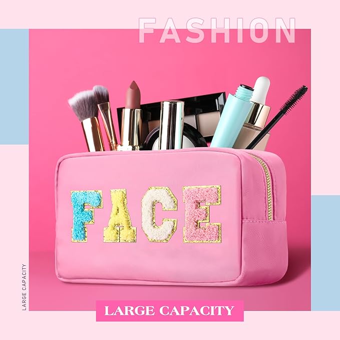 Cunno Preppy Makeup Bags Chenille Letter Stuff Bag Nylon Cosmetic Pouch Cases with Zipper for Women Travel Toiletry(Cute Color,Vivid,4 Pcs)