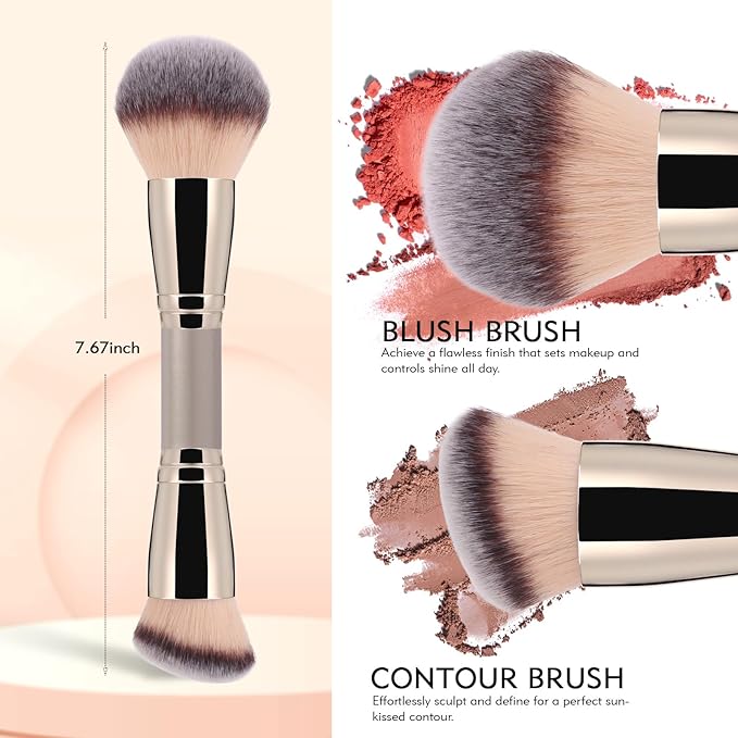 Dual-Ended Makeup Brush: Round & Angled Powder Brush, 100% Vegan Synthetic Blush Brush for Cheeks, Foundation Brush Flawless Blending and Application of Liquid, Powder, Cream, Blush