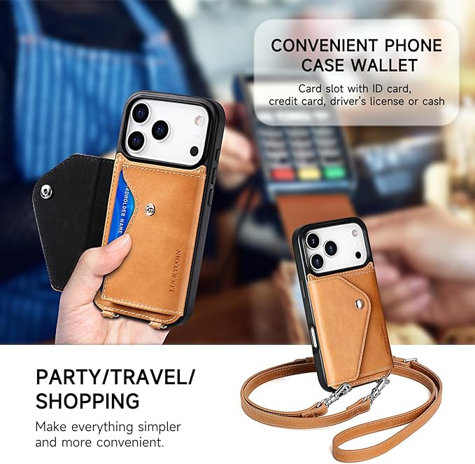 LUCKYCOIN Crossbody Phone Case for iPhone 17 Pro,100% Genuine Leather Phone Wallet Case for Women, Premium Hands-Free Phone Purse with Expandable Flip Card Holder & Adjustable Strap - Retro Tan