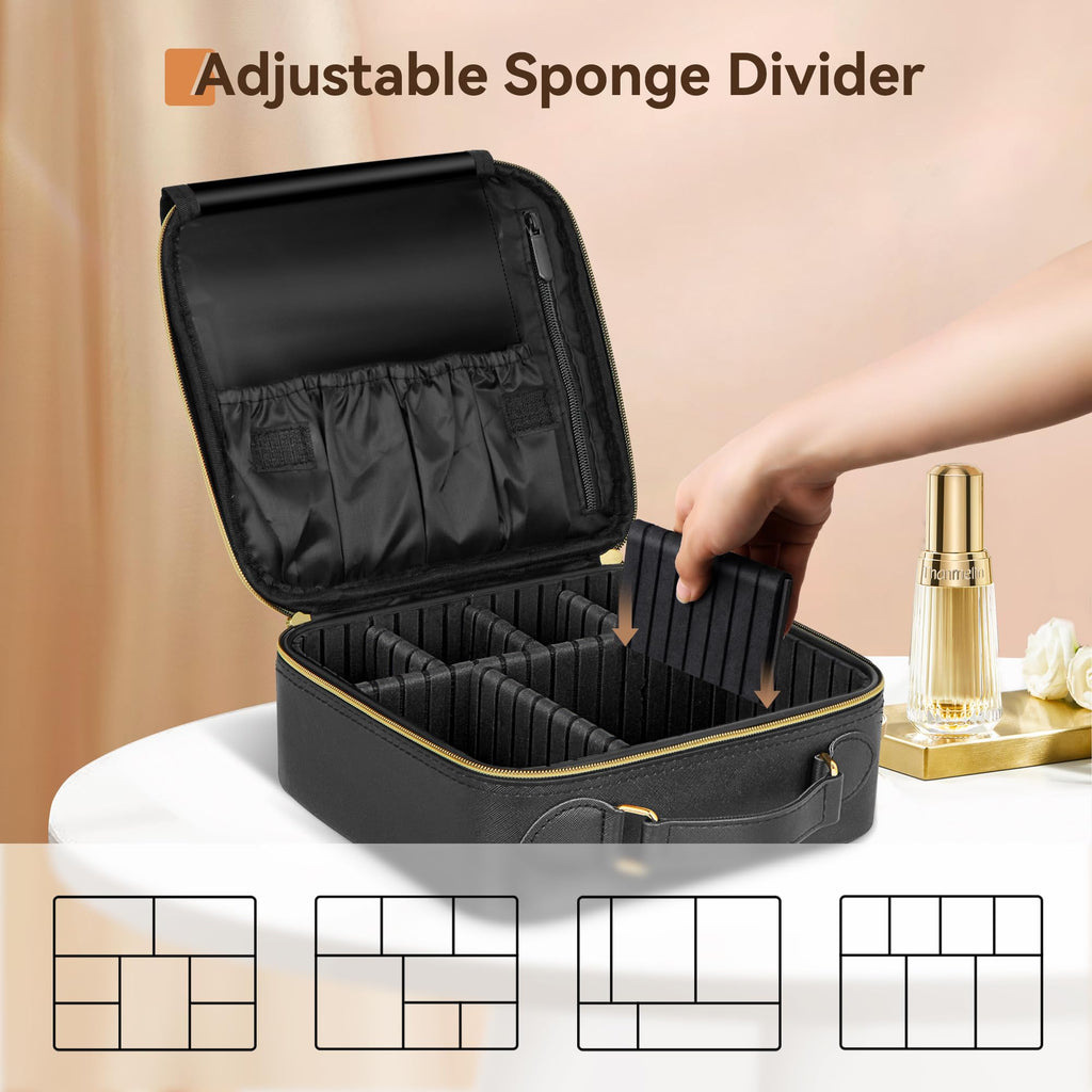 JUSRON Travel Makeup Bag Portable Storage Bag with Adjustable Dividers for Cosmetics Makeup Brushes for Women Beauty Tools Accessories Case (Black), MR0041