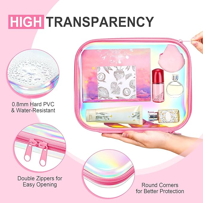 Hoolerry 3 Pcs Clear Hard Zipper Case Hard Plastic Zipper Pouch Makeup Bag Portable Travel Organizer for Cosmetics, Office Supplies, Documents & Toiletries(Laser,M)