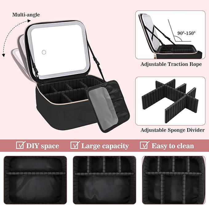 Comeacross Makeup Case with LED Mirror,Makeup Organizer Bag Travel Makeup Case Large Makeup Bag With Rechargeable Mirror 3 Color Lights Detachable Mirror for Women Beauty Tools Accessories（Black）