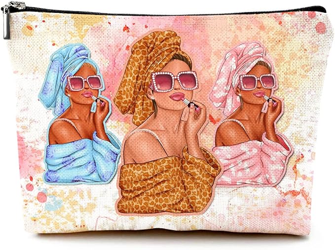 Givotin Cute Makeup Bag for Purse Canvas Waterproof Funny Cosmetic Bags for Women Zipper Travel Toiletry Pouch-Fashion Clipart African American Makeup Bags