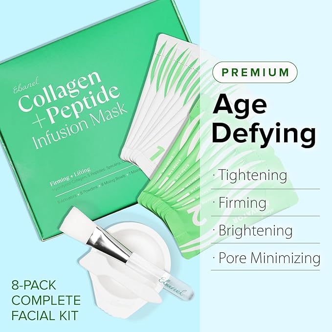 Ebanel Collagen Peptides Wash-Off Face Mask Set, 8-Pack with Brush, Spatula