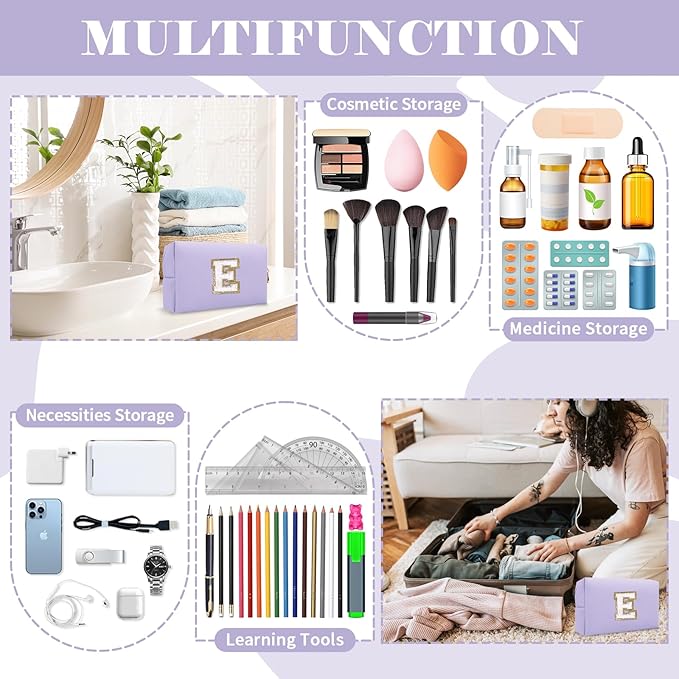Personalized Makeup Bag Initial A-Z Preppy Patch Bag,Small PU Leather Travel Cosmetic Bag Pouch with Zipper,Purple Cute Toiletry Bag,Gift Ideal for Teen Girls Women Birthday Friend Mom,Latter E