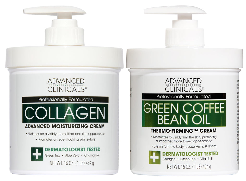 Advanced Clinicals Unscented Collagen Body Cream & Face Moisturizer + Green Coffee Bean Oil Thermo - Firming Body Cream For Women & Men Helps Reduce Appearance Of Cellulite Prone Skin & Dry Skin, 2pc