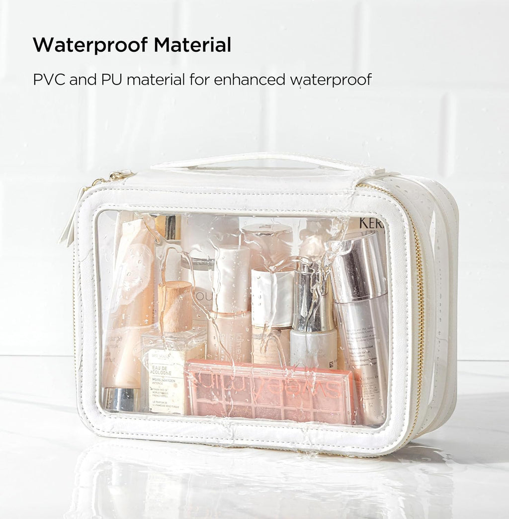 HBlife Clear Makeup Bag Organizer, Portable Travel Toiletry Cosmetic Case for Women, Large Make Up Bag Makeup Train Case Transparent Storage Pouch with Handle(White)