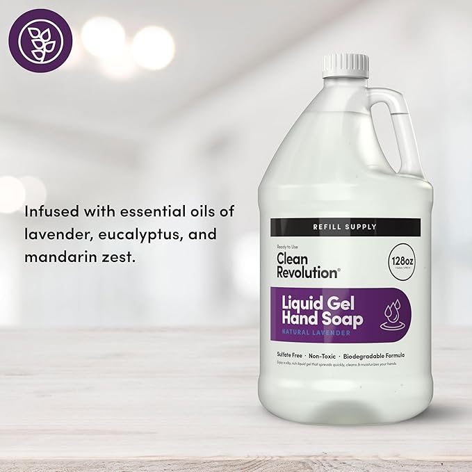 Clean Revolution Liquid Gel Hand Soap Refill with Real Essential Oils – Sulfate-Free Gel Hand Wash, Moisturizing Bulk Refill, Non-Toxic Formula, Made in the USA (Natural Lavender) 128 Fl Oz