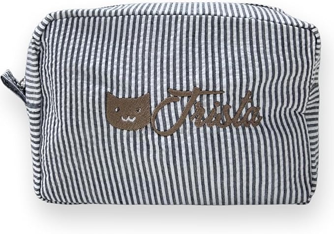 jcyif Custom Makeup Bag Personalized Cosmetic Bag Cute Seersucker Travel Toiletry Bag for Women Embroidered Bag Organizer for Bride Makeup Bag Gift Balck