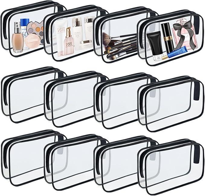 YOQIVEXU 12 Pieces Clear Makeup Bags, TSA Approved Toiletry Bag for Travel, Transparent Cosmetic Pouch with Zipper, Waterproof Vinyl Plastic Organizer Case for Vacation Bathroom (Medium)