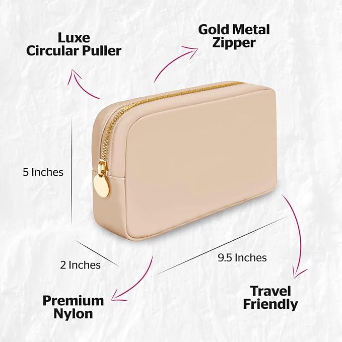 DANCOUR Small Makeup Bag, Small Makeup Pouch, Preppy Makeup Bag, Nylon Makeup Bag, Makeup Bag Purse, Preppy Bag, Cute Makeup Bag, Small Cosmetic Bag, DIY Stuff Bag, Beige Makeup Bag (Small, Beige)