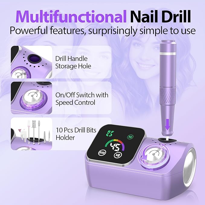 PYVOLA Professional Electric Nail Drill E-File Machine - 45,000 RPM Corded Nail Drills Kit with Low Noise & LED Display for Shaping, Removing & Polishing Acrylic Gel Nails for Salon Home