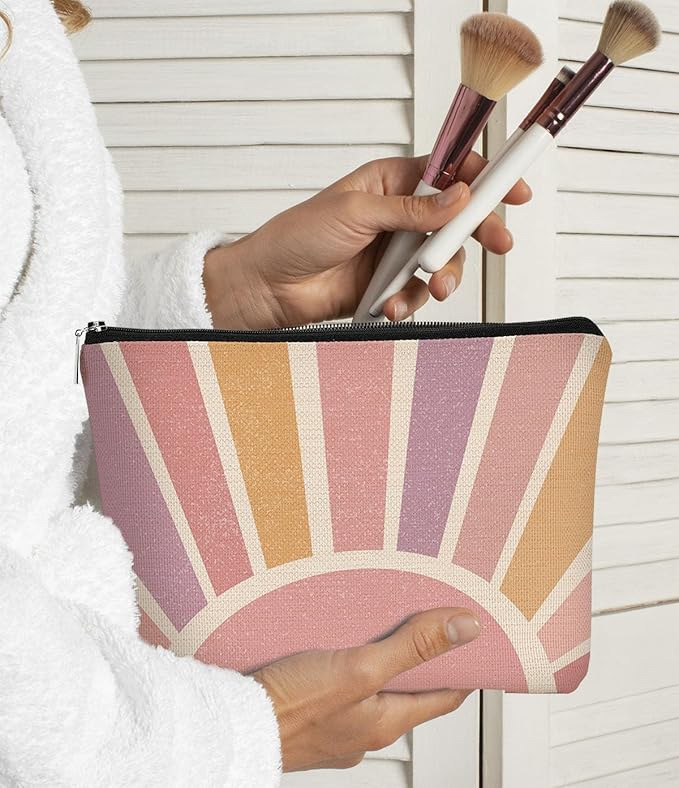 BARPERY Boho Gifts Small Pink Makeup Bag Gifts for Women,Sunshine Boho Cosmetic Bag, Bohemian Makeup Bag Organizer,Christmas Birthday Gifts for Mom Friend Sister Wife Teacher
