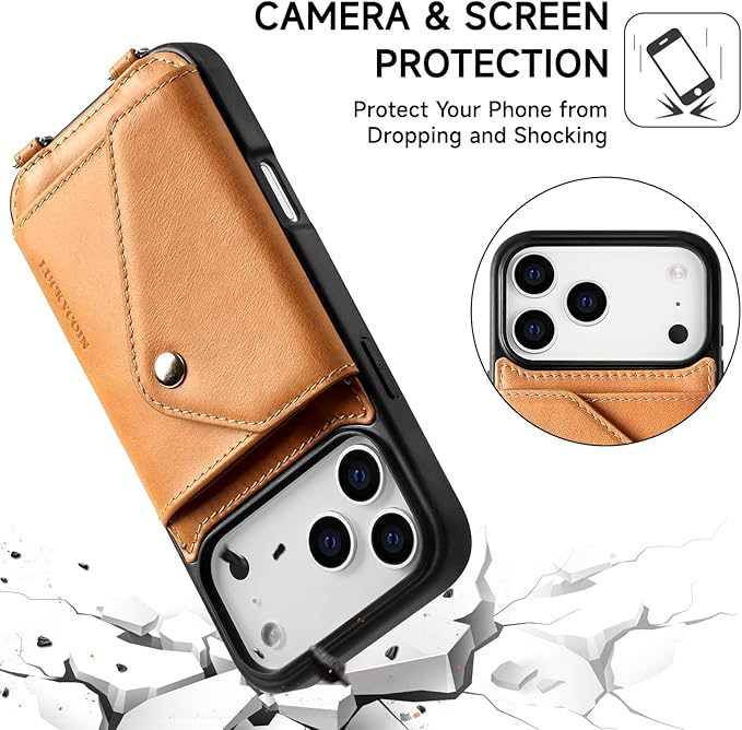 LUCKYCOIN Crossbody Phone Case for iPhone 17 Pro Max, 100% Genuine Leather Phone Wallet Case for Women, Premium Hands-Free Phone Purse with Expandable Flip Card Holder & Adjustable Strap - Retro Tan