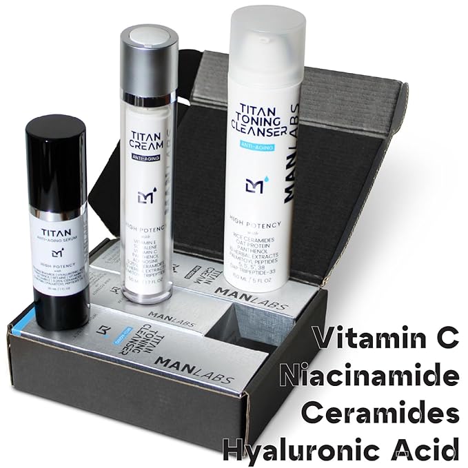 Man Labs Titan Mens Skin Care Kit, 3pc Anti-Aging Facial Care Kit & Routine