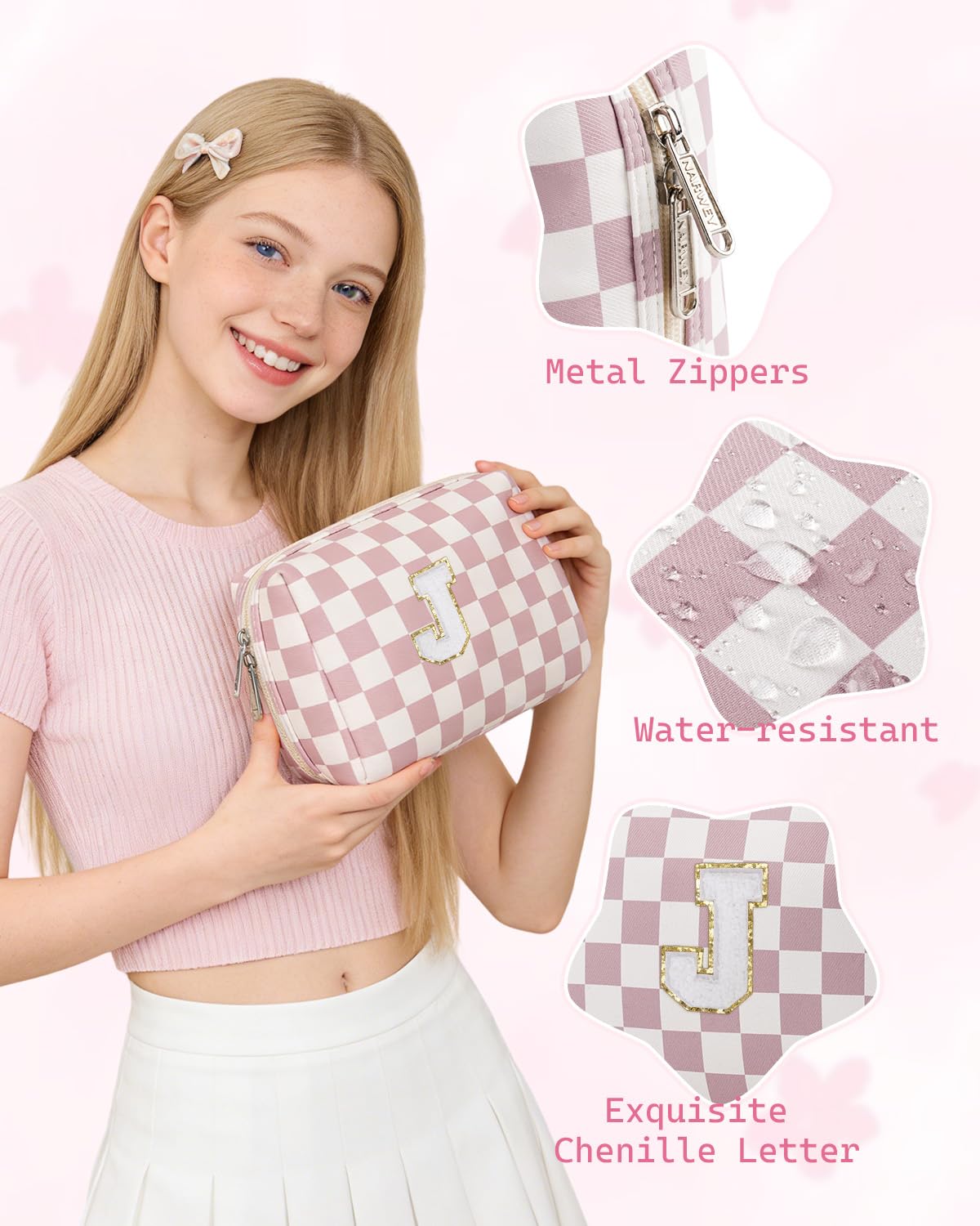 Narwey Birthday Gifts for Teen Girls Kids Women Personalized Initial Checkered Makeup Bag Pink Monogram Cosmetic Bag Trendy Stuff 6 8 10 11 12 13 14 16 18 Years Old Travel Toiletry Bag (Dusty Rose J)
