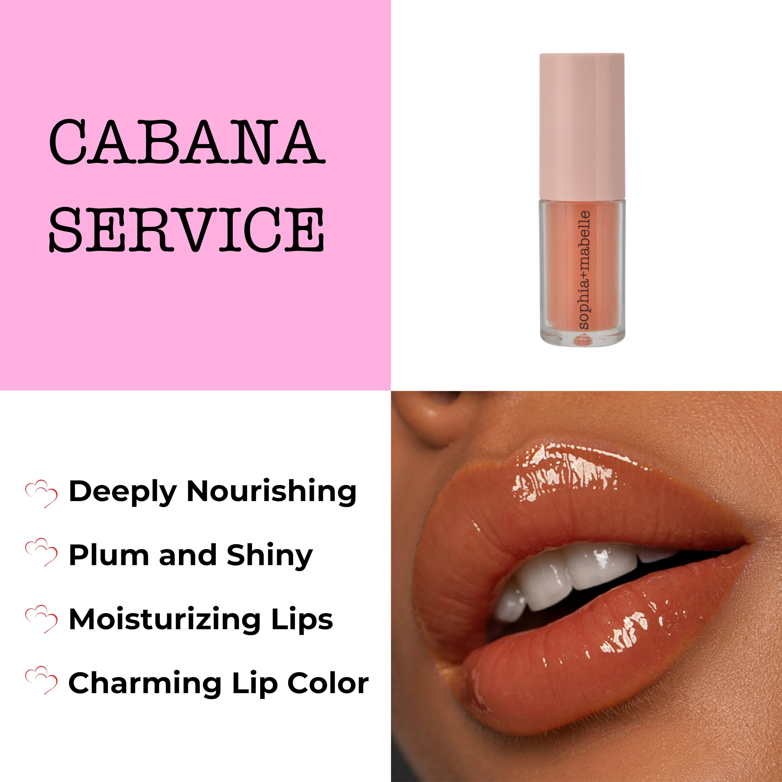 Sophia + Mabelle Hydrating Lip Oil – Lightweight, Non-Sticky & High-Shine Lip Gloss Oil – Moisturizing, Nourishing, Soothing Tinted Formula for Soft Lips – 3.7g (Cabana Service (Peach), 3.7g)
