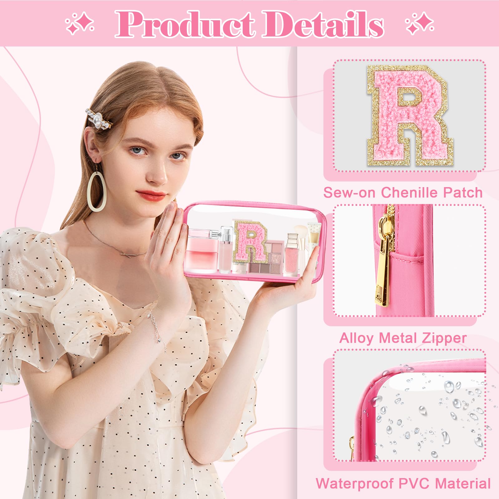 Personalized Initial Letter Clear Makeup Bag,Preppy Small Nylon&PVC Cosmetic Zipper Bag with Chenille Letter,Portable Beach Travel Skincare Toiletry Bag,Trendy Monogram Gift for Teen Girls Women,R