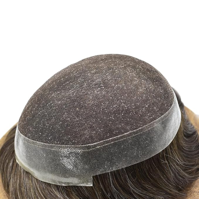 FACE MIRACLE Mens Toupee Lace Front Hairpieces Soft Human Hair Replacement System Toupee for Men French Lace Poly V-Looped Mens hair Units 6"X8" #320 3# DARK BROWN WITH 20% SYNTHETIC GREY