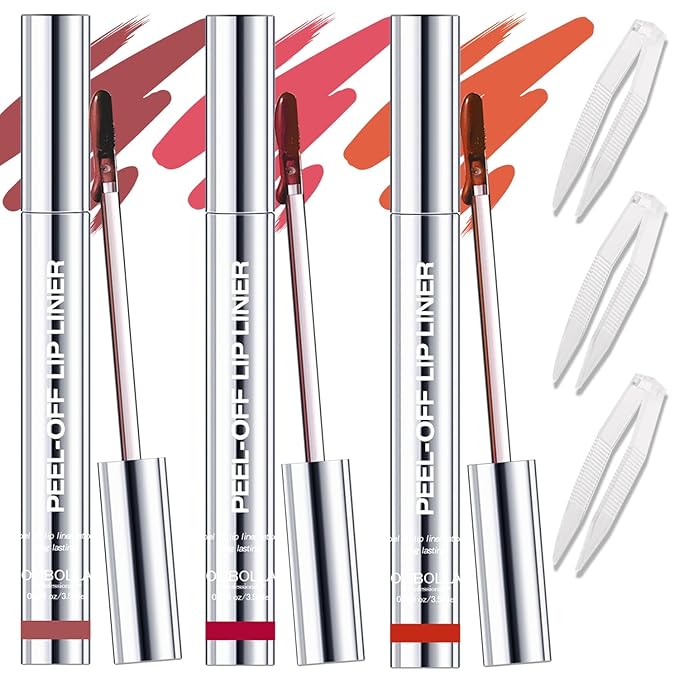 GLSFACE 3 Colors Peel Off Lip Liner with Tweezer Kit, Rich Color Matte Finish Lip Tint Stains Makeup Set for Women, Long Lasting, Waterproof, Smudge Proof, For All Skin Types (#3, #6, #7)