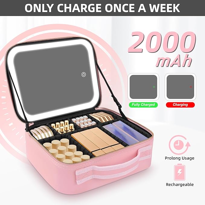 Jadazror Makeup Case with Mirror and Lights, Travel Makeup Bag with Lighted Mirror, Make up Case with LED Mirror & Adjustable Dividers, Portable Cosmetic Organizer Bag Gift for Women(Pink)