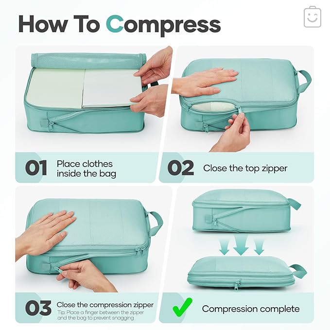 Veken 11 Set Compression Packing Cubes Garment Bags for Travel Essentials,Compressible Expandable Luggage Organizer Bags for Clothing,Space Saver Bags with Over 1000 pcs of Mesh Holes(Blue Green)