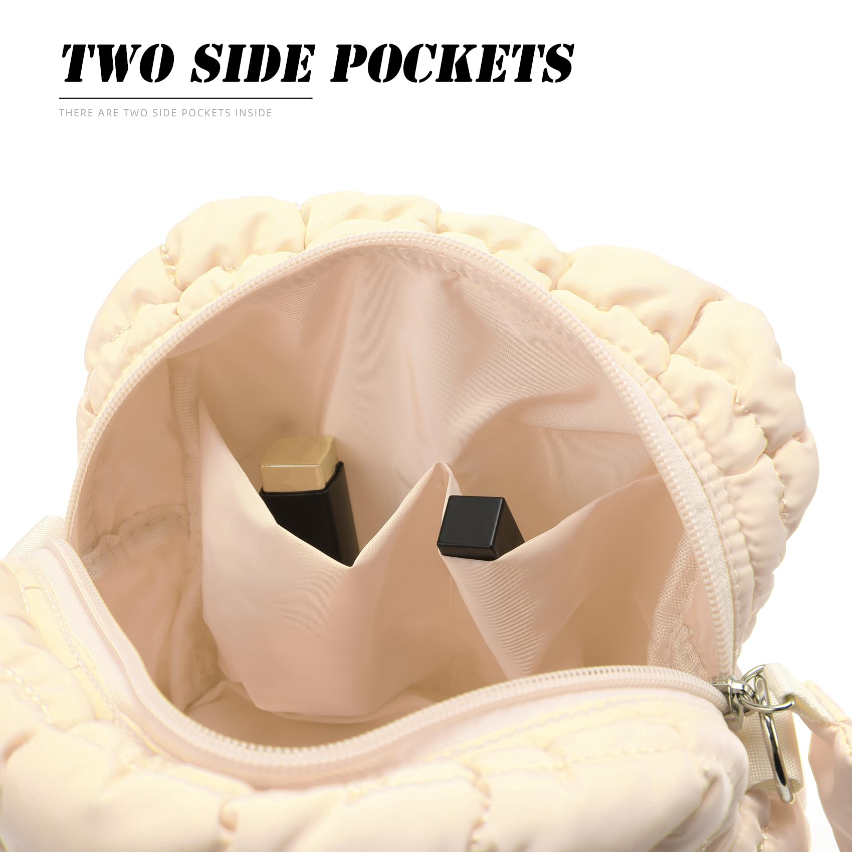 FDINF Puffy Quilted Makeup Bag Small Puffer Bag Cosmetic Bags Travel Toiletry Purse for Women, Cute Organizer Pouch, Beige