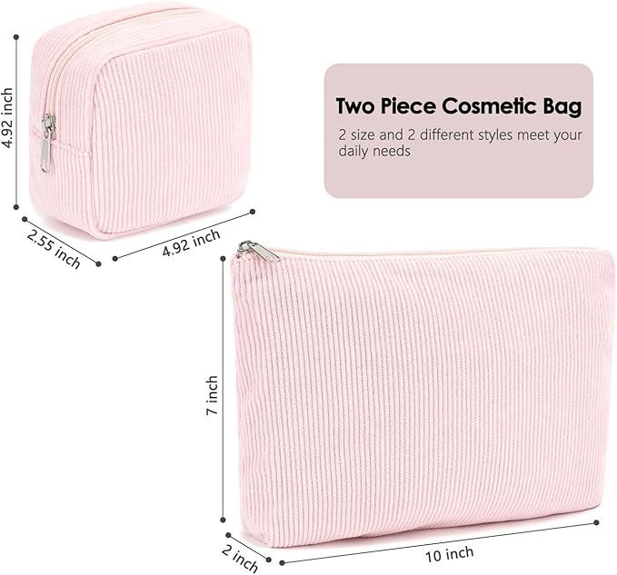 Fammart Corduroy Makeup Bag, Travel Cosmetic Bag Organizer Toiletry Bag Make Up Bags with Zipper & Compartments for Women Girls, 2PCS
